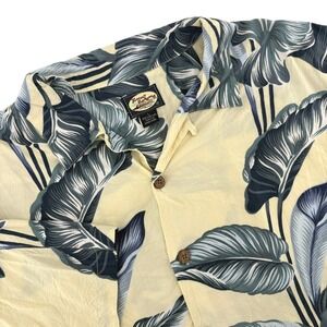 Tommy Bahama Mens Large Rayon Tropical Leaf Camp Shirt Blue Cream Coconut Button